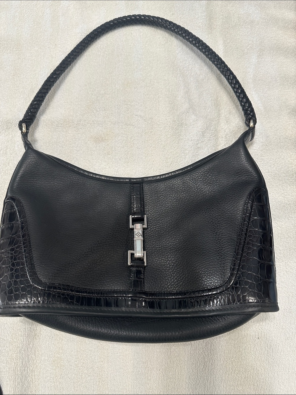 Brighton Black Leather Shoulder Bag with Croc-Texture Panels and Silver Hardware